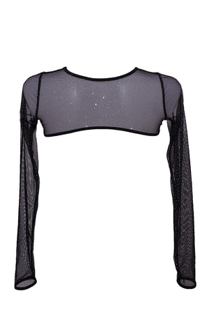 Super Crop Top Long Sleeve Sheer Sparkles Mesh Black  /  SUPER CROP Black sparkles