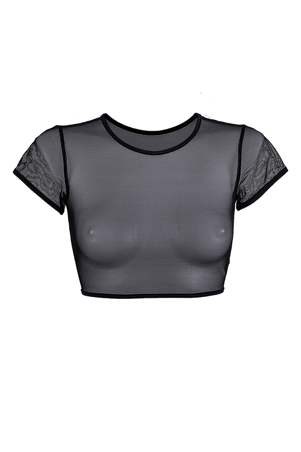 Crop T-Shirt Short Sleeve Stretch Mesh / BLACK - EXES LINGERIE