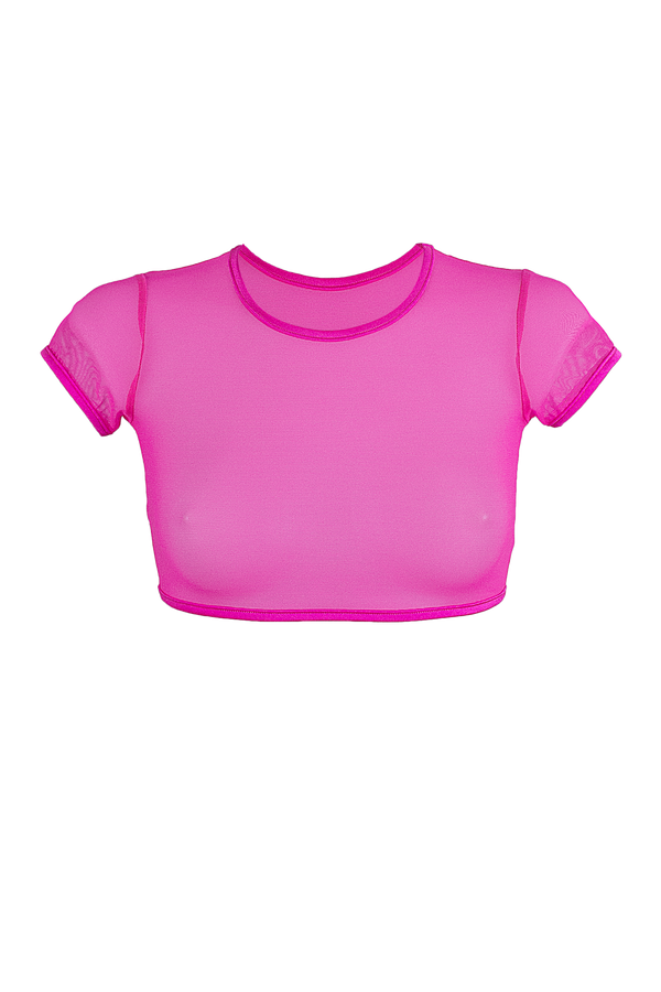Crop T-Shirt Short Sleeve Stretch Mesh / NEON PINK - EXES LINGERIE