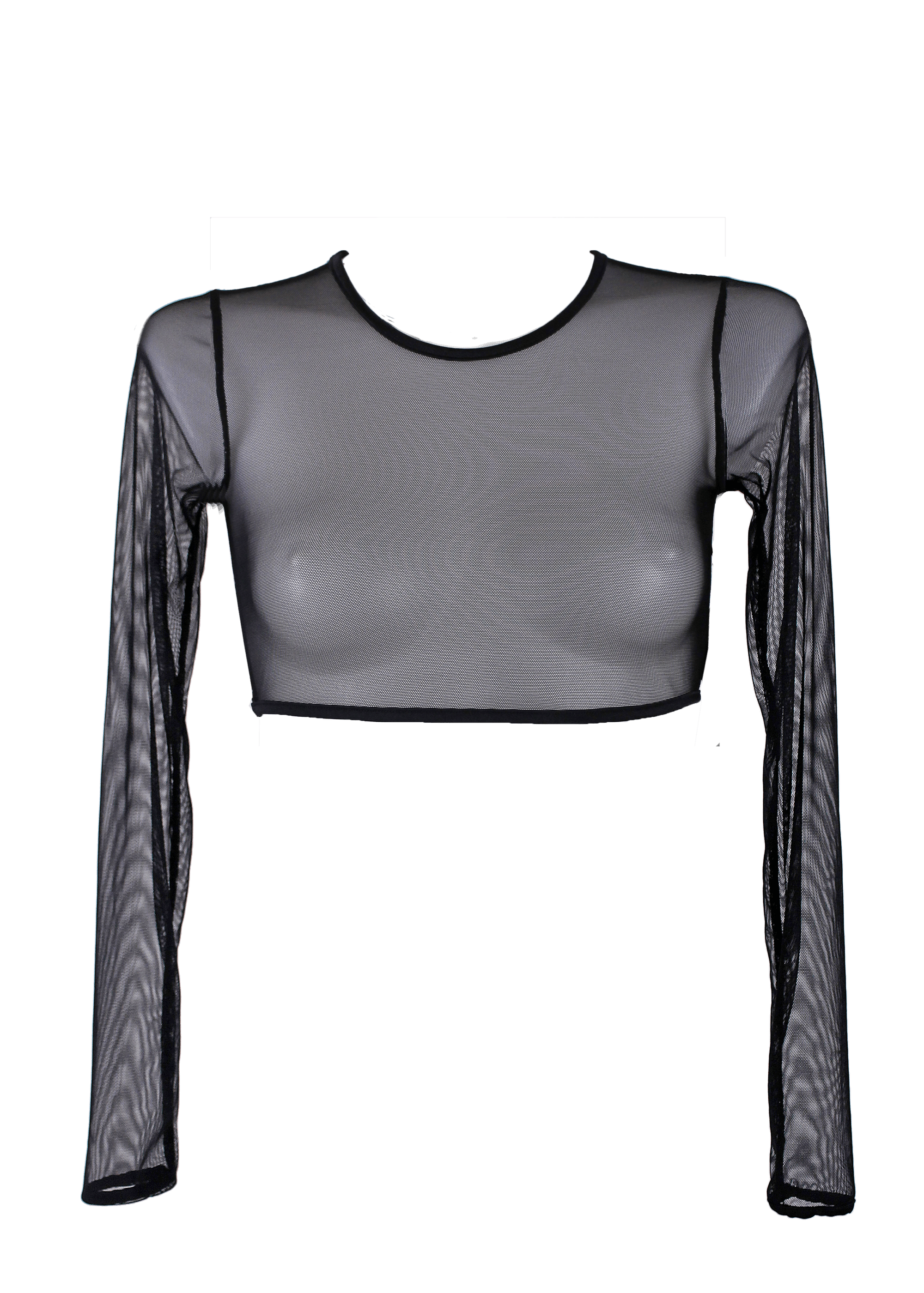 Crop T-Shirt Long Sleeve Stretch Mesh / BLACK - EXES LINGERIE