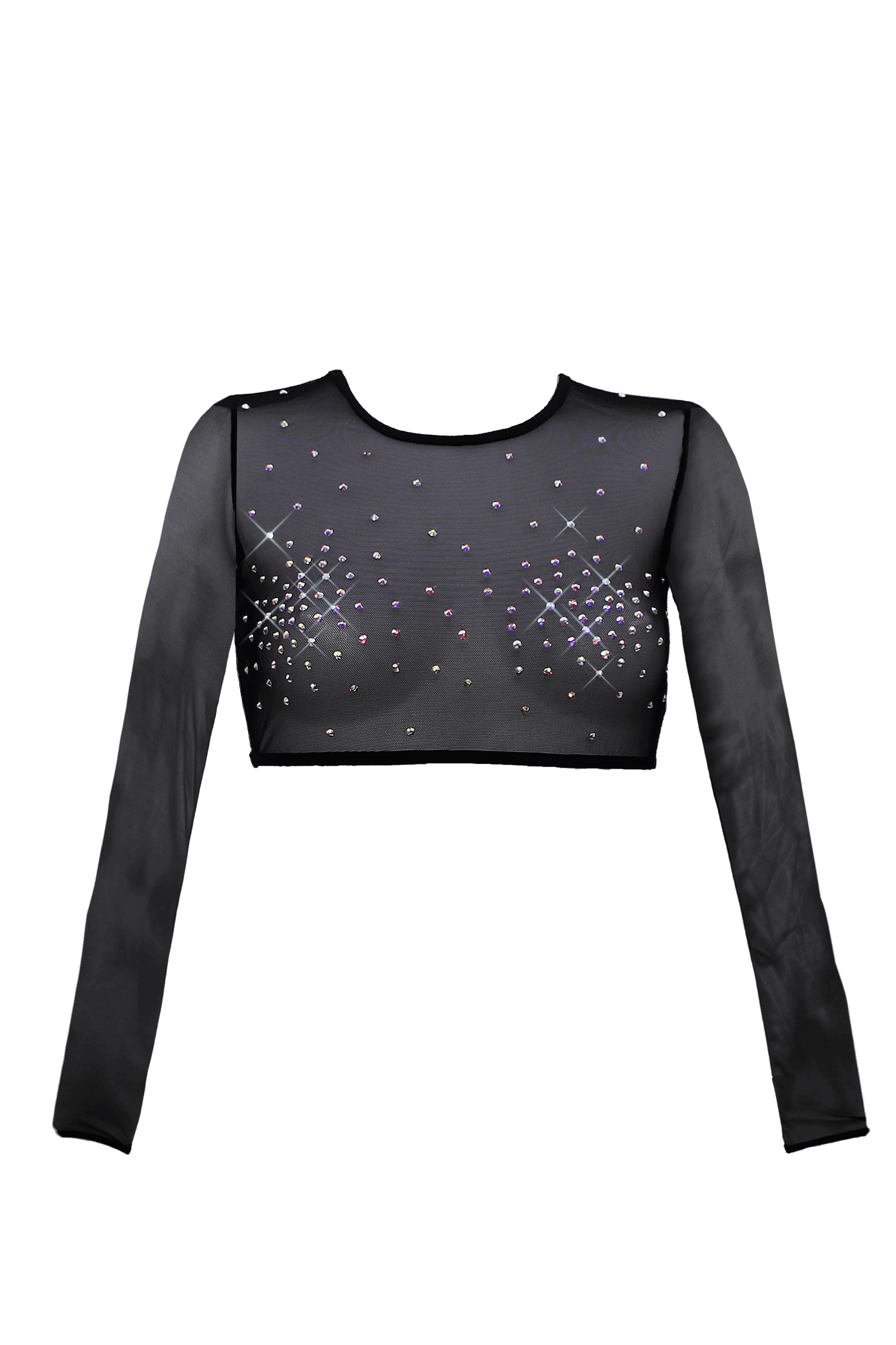 Crop T-Shirt Long Sleeve Stretch Mesh with Crystals  / BLACK - EXES LINGERIE