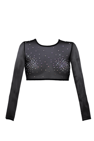 Crop T-Shirt Long Sleeve Stretch Mesh with Crystals  / BLACK - EXES LINGERIE
