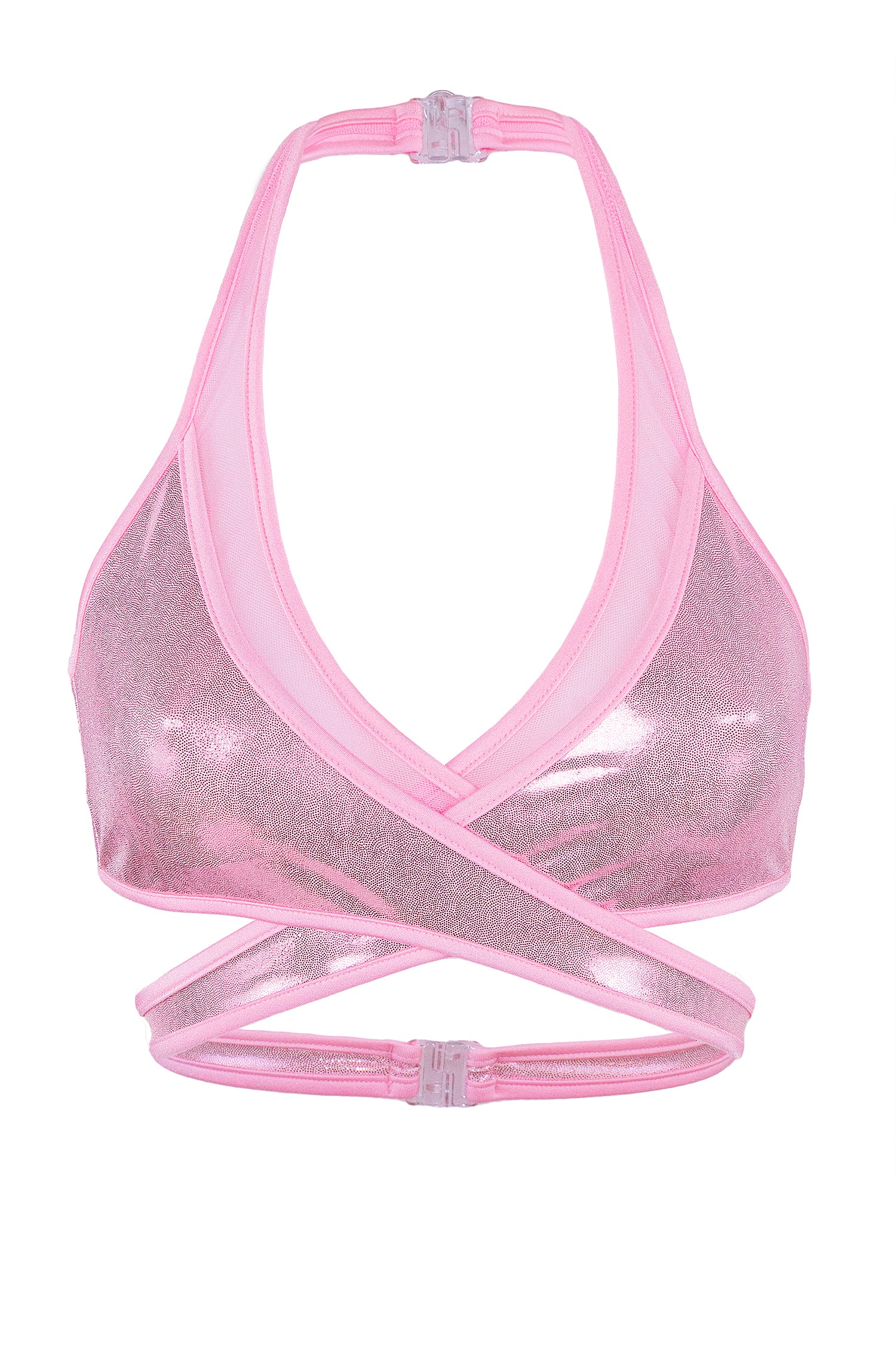 Cross-Over Halter Holographic Crop top / X-CROSS TOP / HOLO BABY PINK