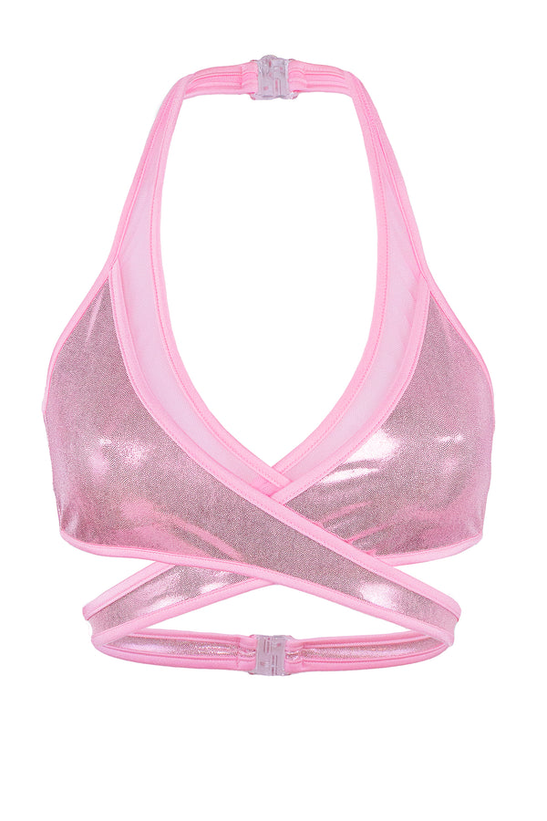 Cross-Over Halter Holgraphic Crop top / X-CROSS TOP / HOLO BABY PINK