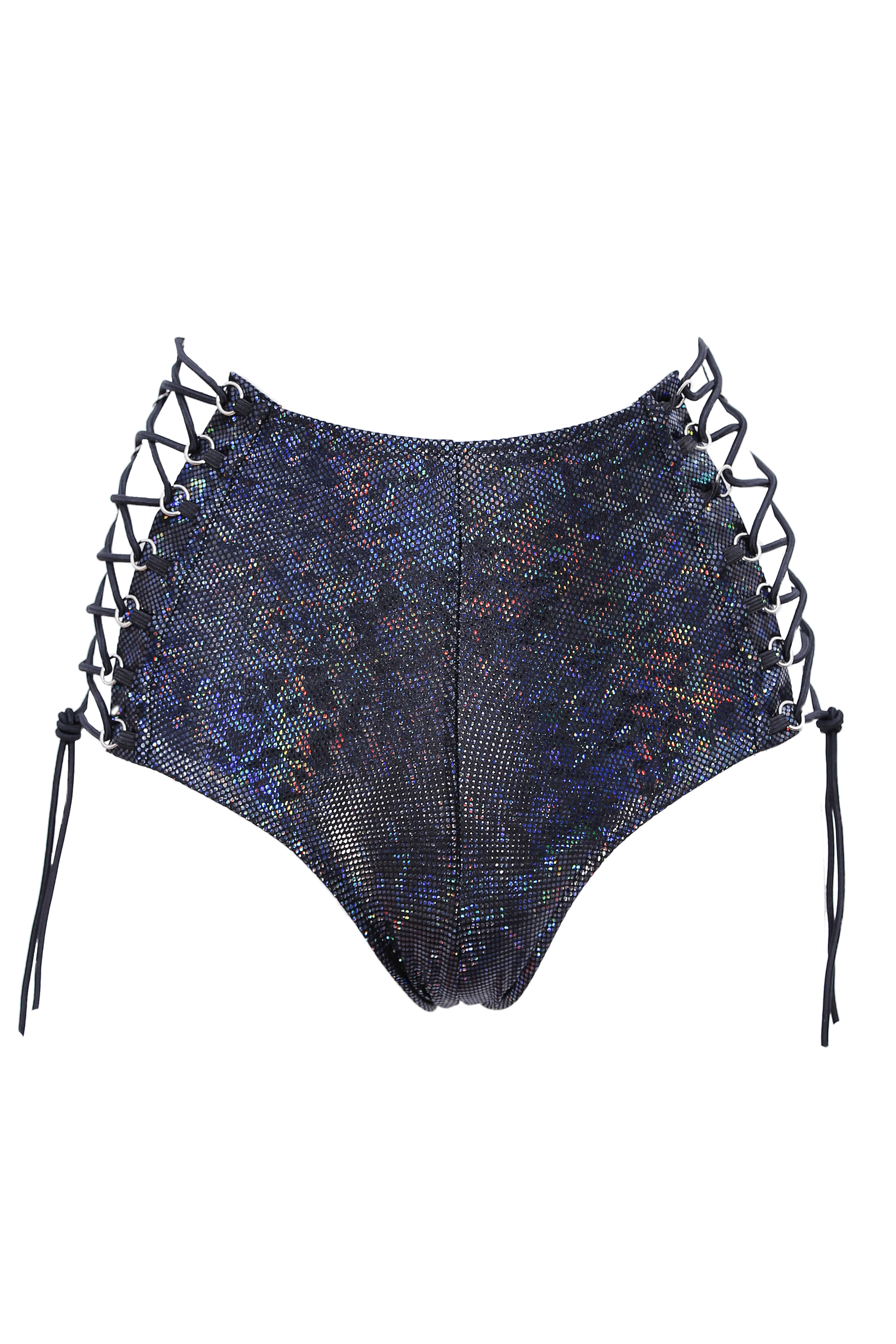 HIGH-WAIST Lace-up Bottom /  BLACK Hologram,BOTTOMS - EXES LINGERIE