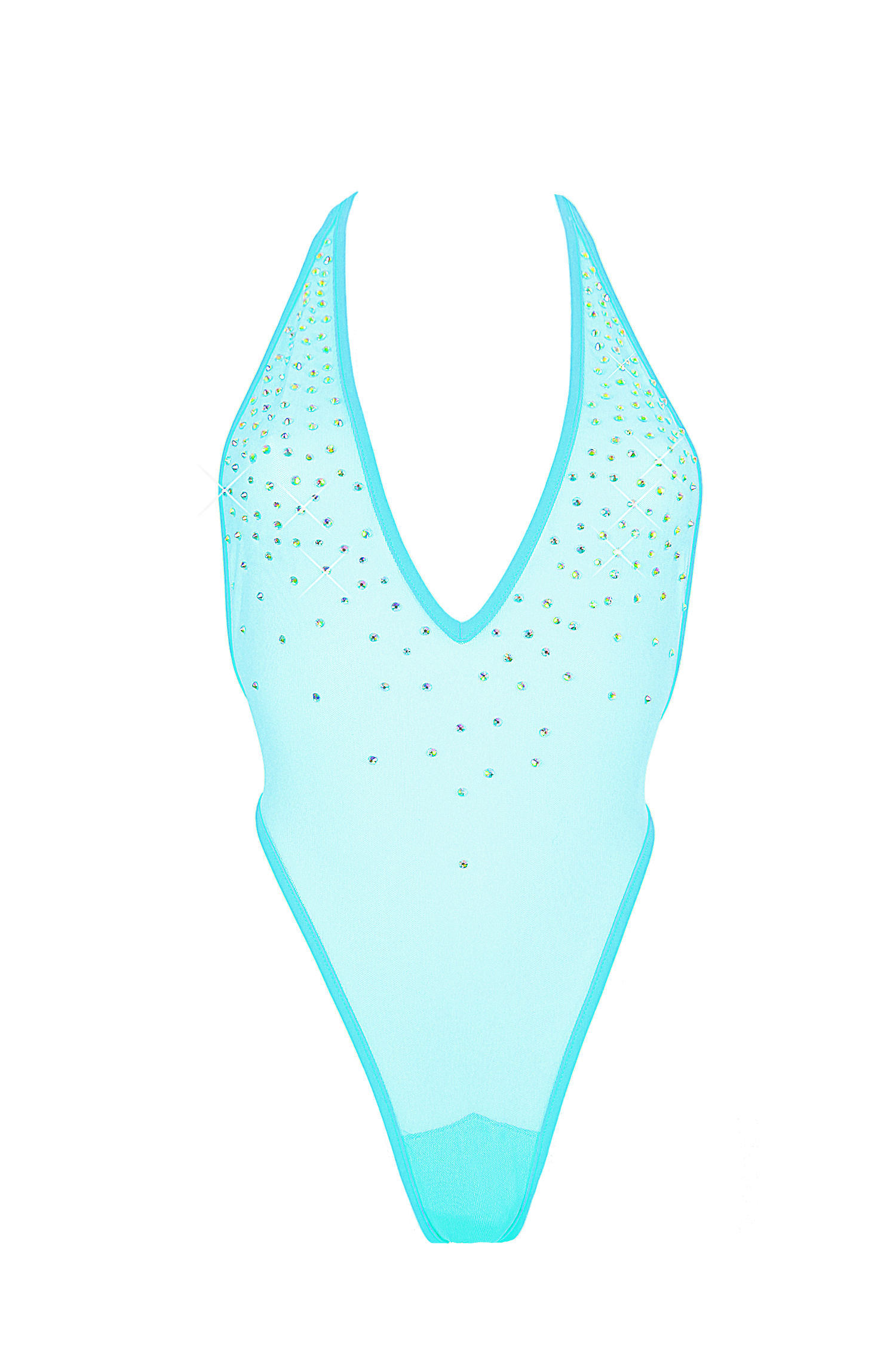 High Cut sheer Mesh Bodysuit SKINNY CRYSTALS  / Sexy Lingerie Sheer Mesh / AQUA,BODYSUITS - EXES LINGERIE