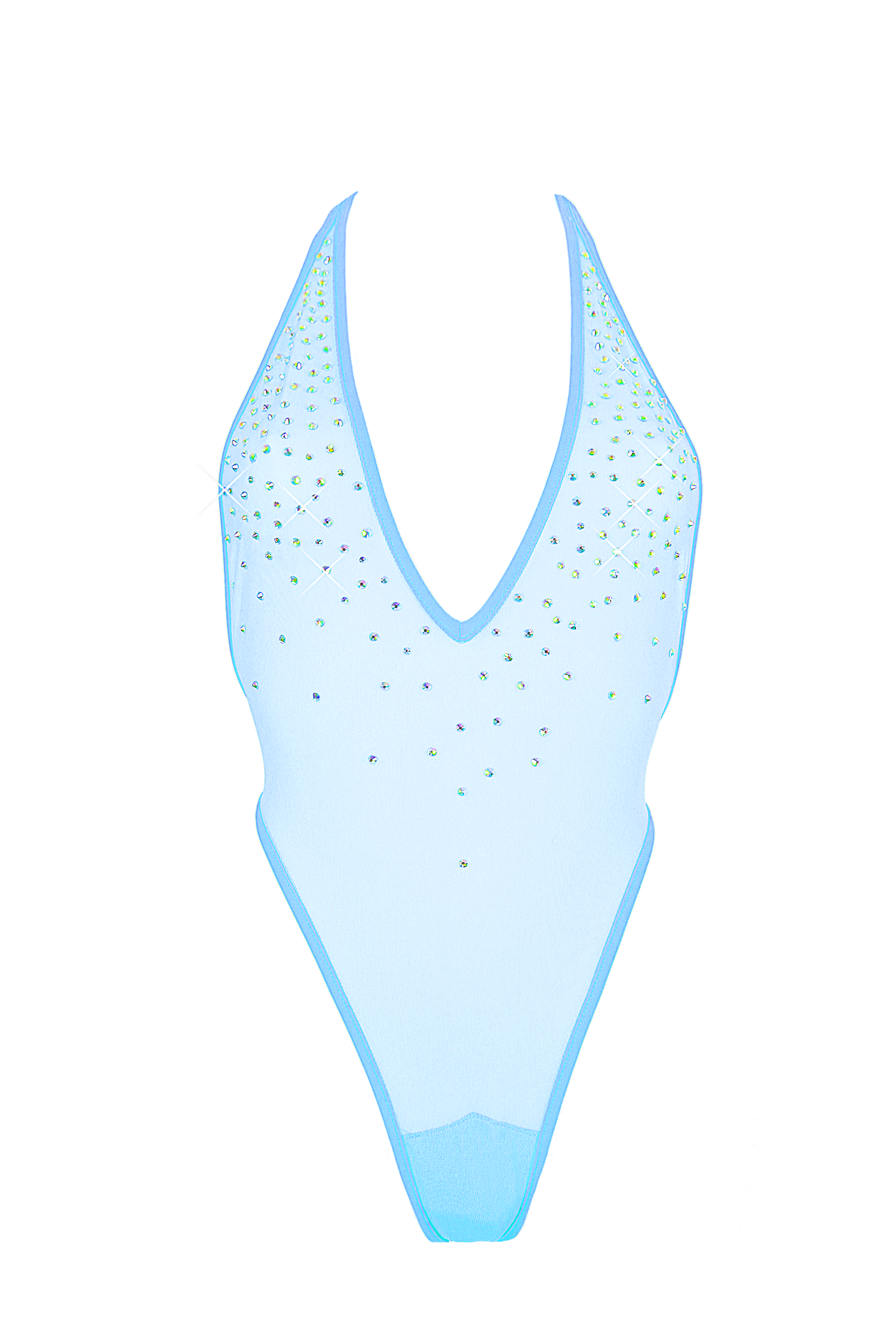 High Cut sheer Mesh Bodysuit SKINNY CRYSTALS  / Sexy Lingerie Sheer Mesh / BABY BLUE,BODYSUITS - EXES LINGERIE