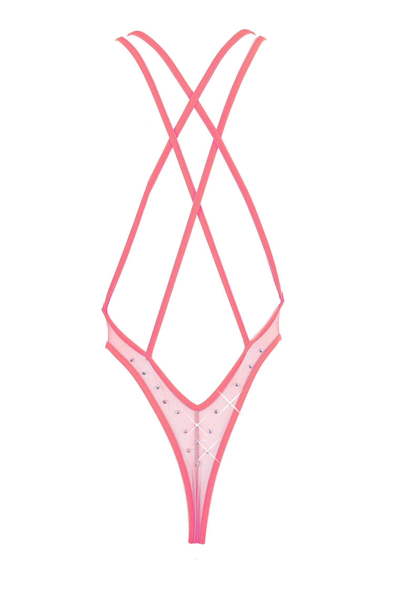 High Cut stretch mesh Bodysuit SKINNY CRYSTASL  / Sexy Lingerie Sheer Mesh / CORAL,BODYSUITS - EXES LINGERIE