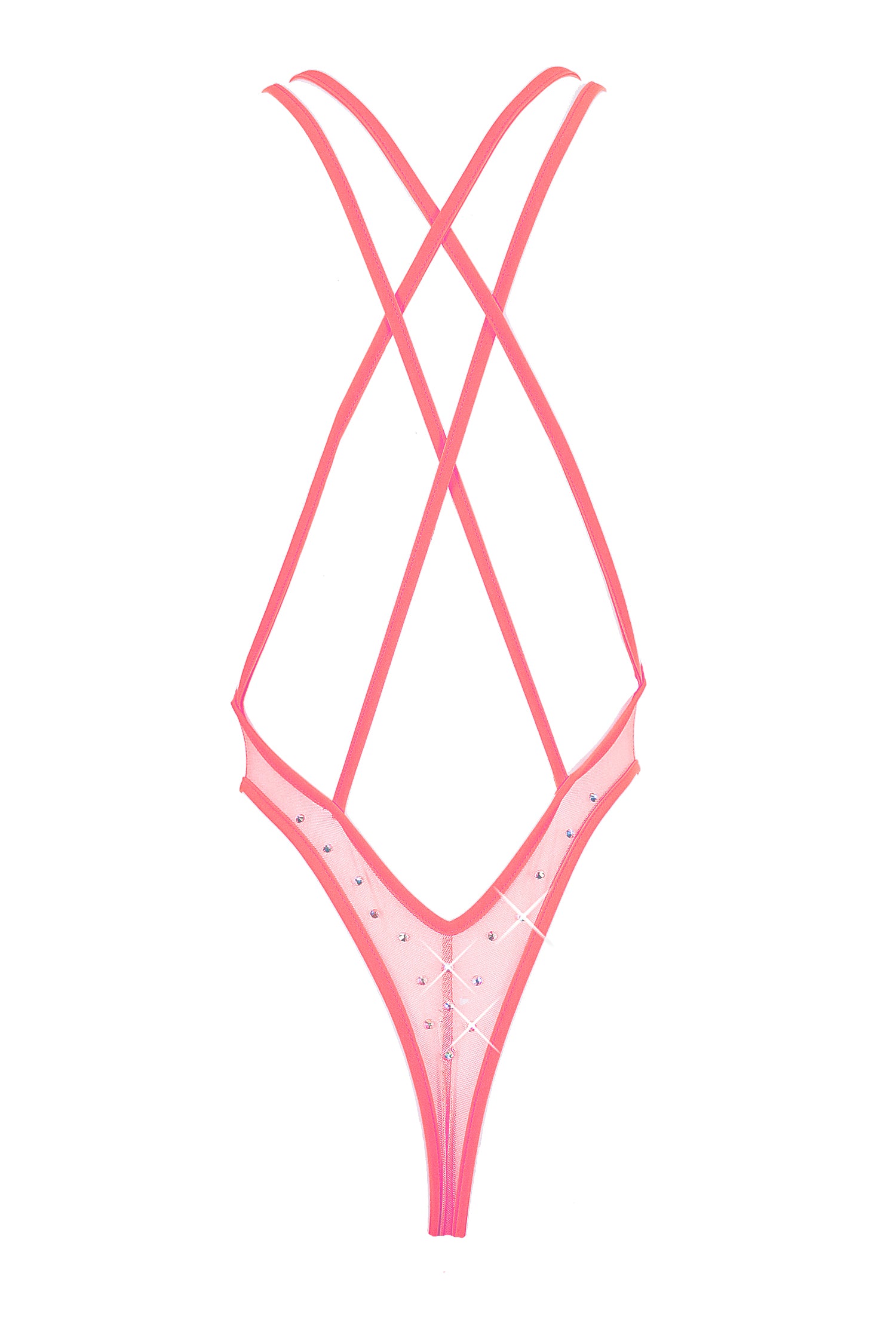 High Cut stretch mesh Bodysuit SKINNY CRYSTASL  / Sexy Lingerie Sheer Mesh / CORAL