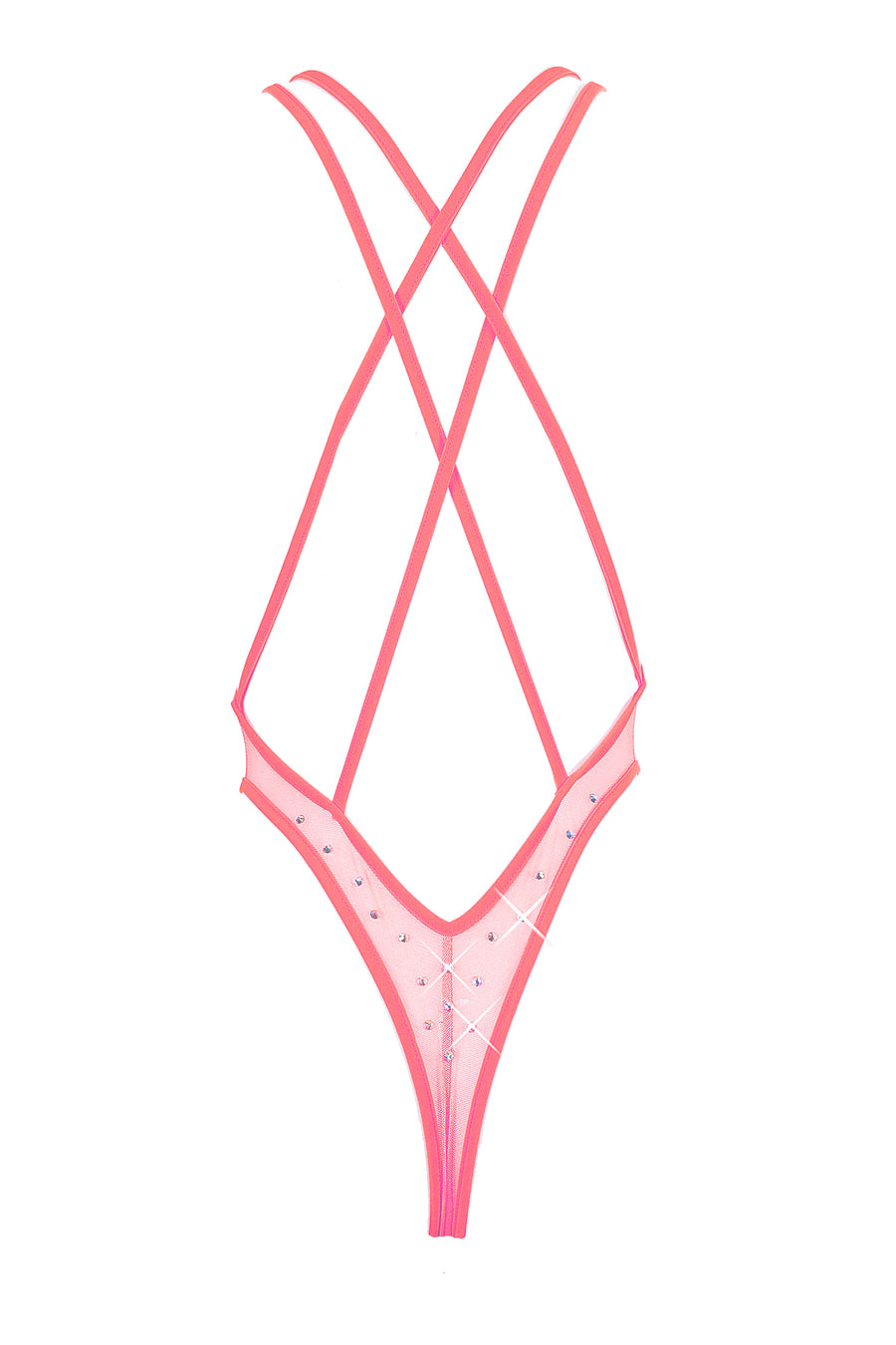 High Cut Bodysuit  SKINNY CRYSTAL  / Sexy Lingerie Sheer Mesh / CORAL