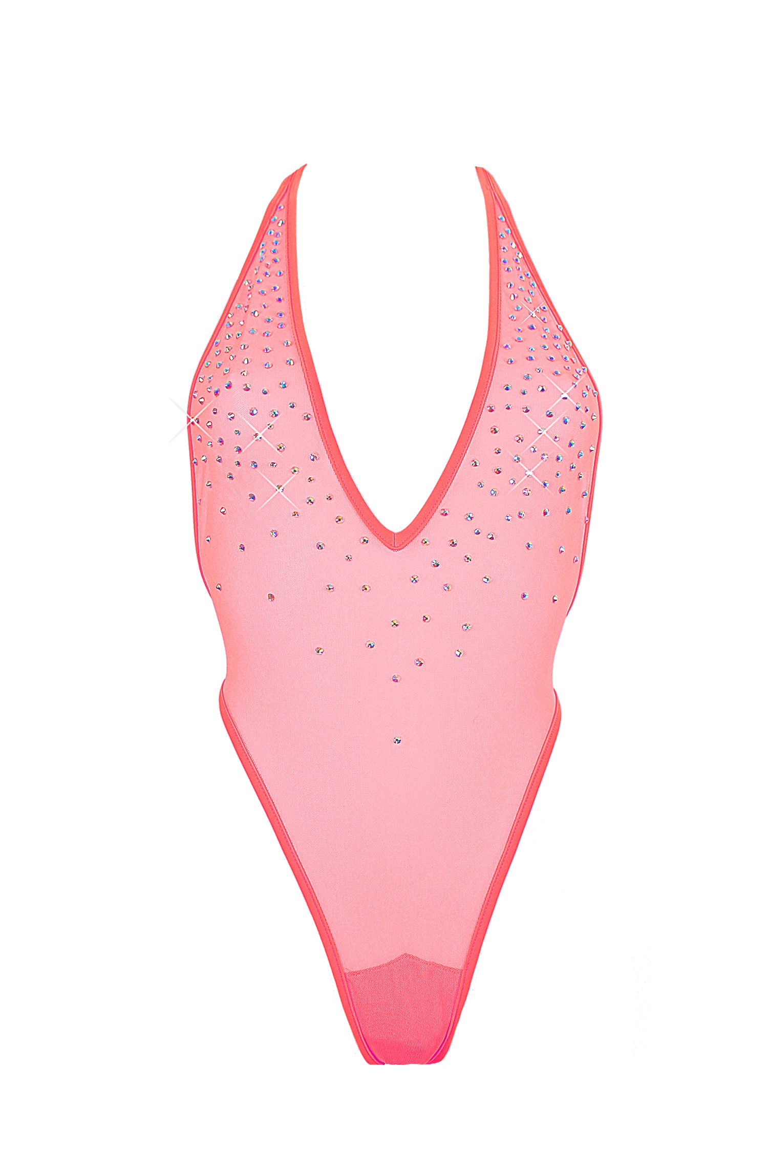 High Cut stretch mesh Bodysuit SKINNY CRYSTASL  / Sexy Lingerie Sheer Mesh / CORAL,BODYSUITS - EXES LINGERIE