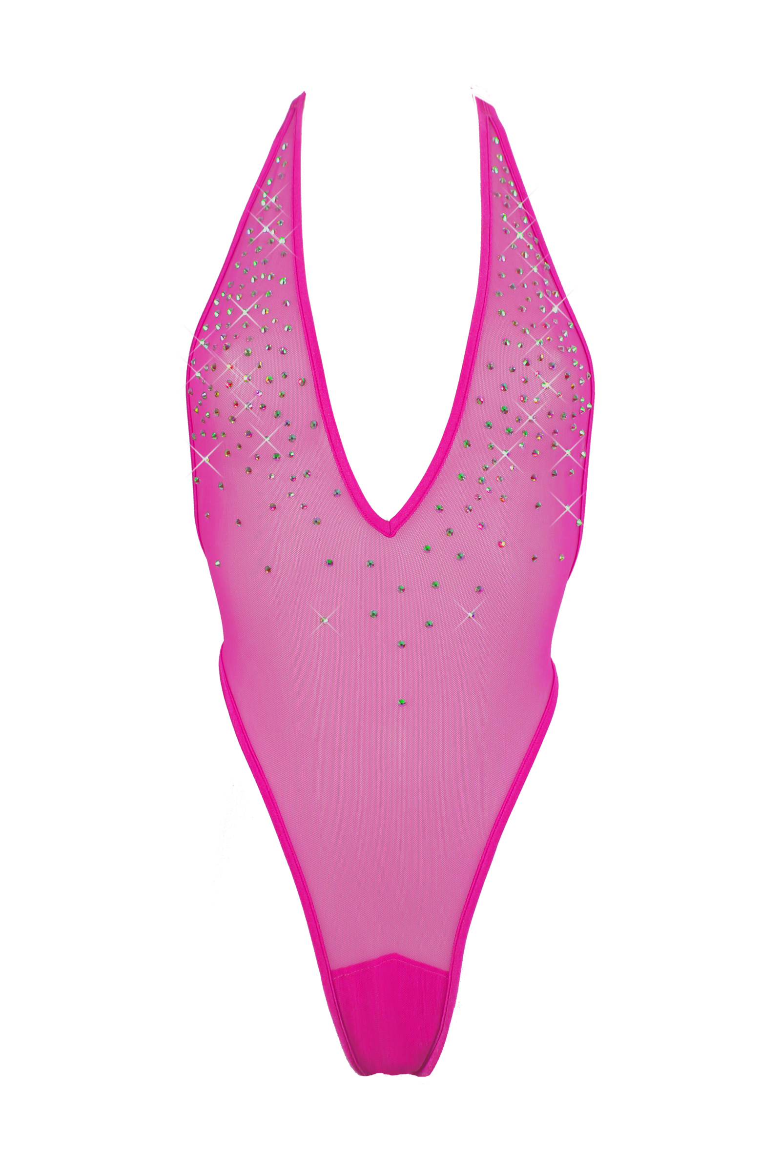 High Cut sheer Mesh Bodysuit SKINNY CRYSTALS  / Sexy Lingerie Sheer Mesh / FUCHSIA,BODYSUITS - EXES LINGERIE