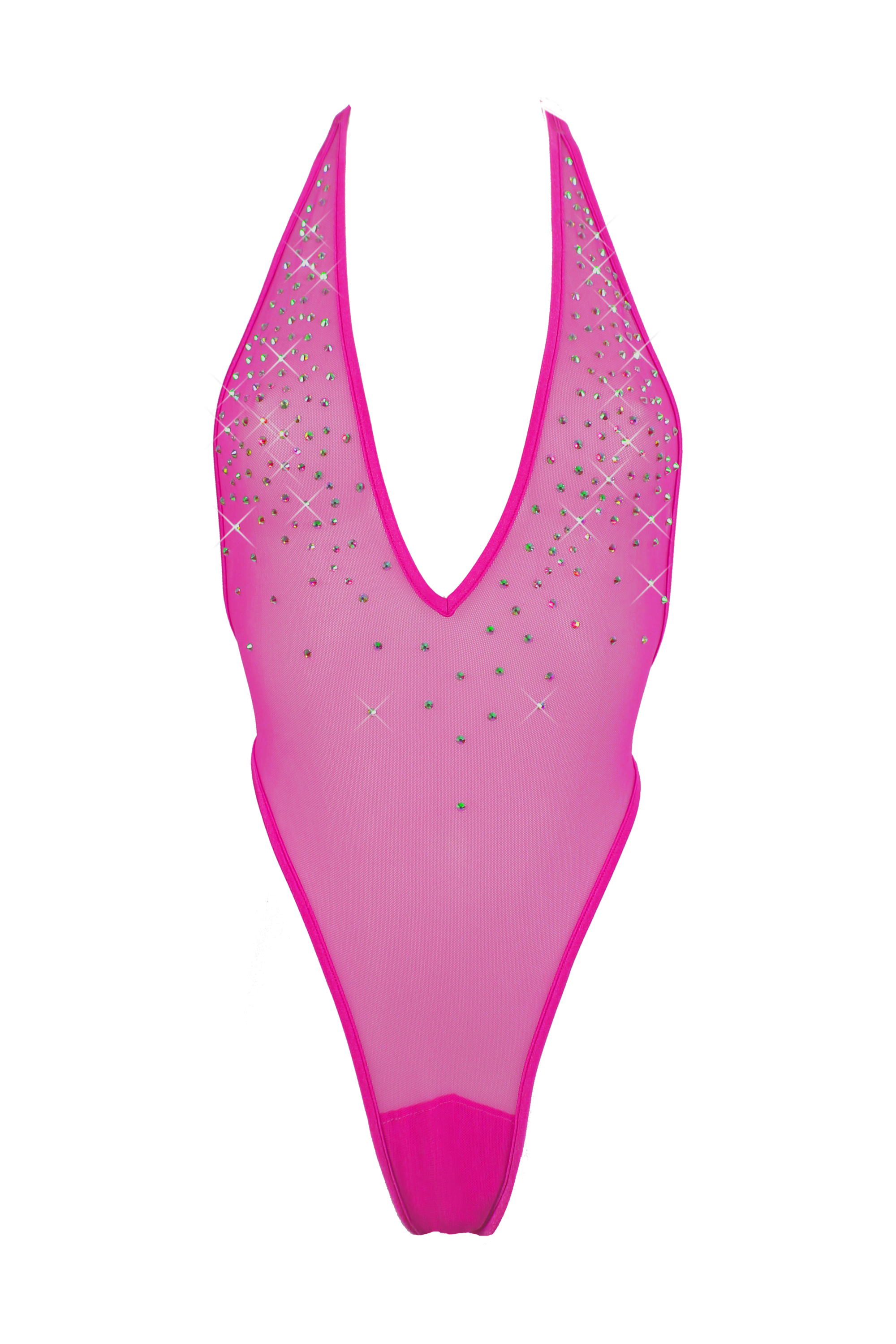 High Cut sheer Mesh Bodysuit SKINNY CRYSTALS  / Sexy Lingerie Sheer Mesh / FUCHSIA