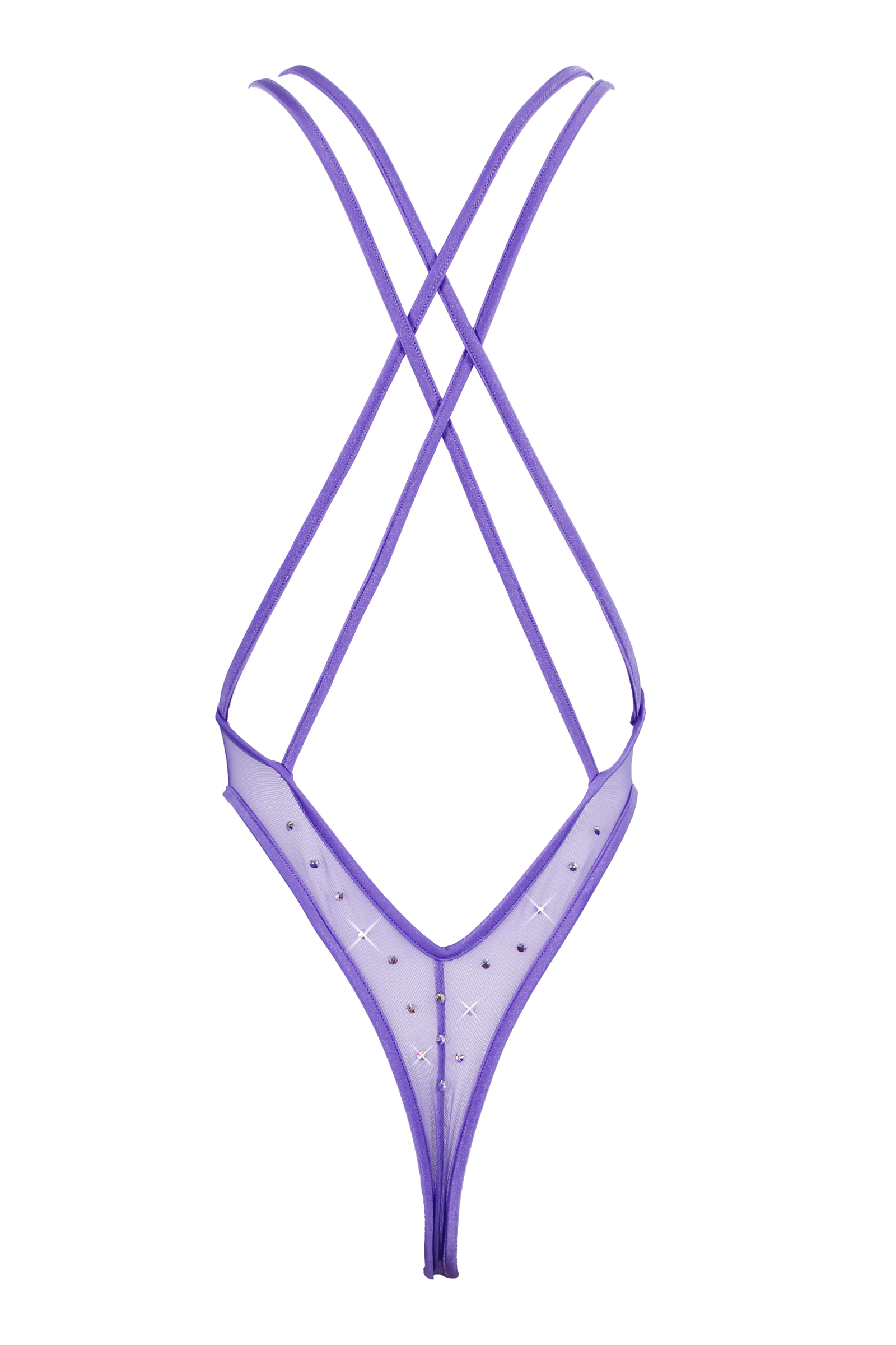 High Cut sheer Mesh Bodysuit SKINNY CRYSTALS  / Sexy Lingerie Sheer Mesh / LILAC,BODYSUITS - EXES LINGERIE