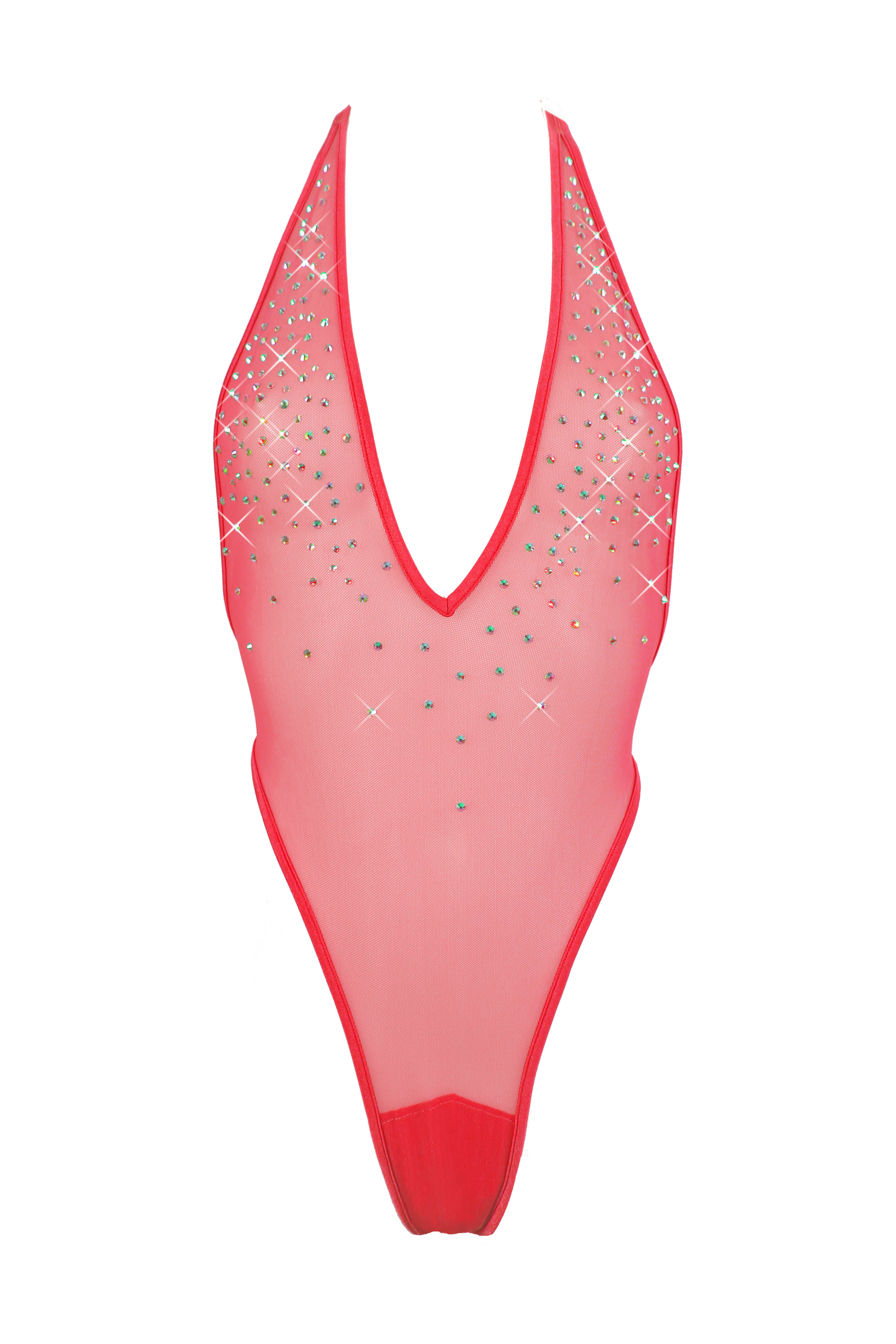 High Cut sheer Mesh Bodysuit SKINNY CRYSTALS  / Sexy Lingerie Sheer Mesh / RED