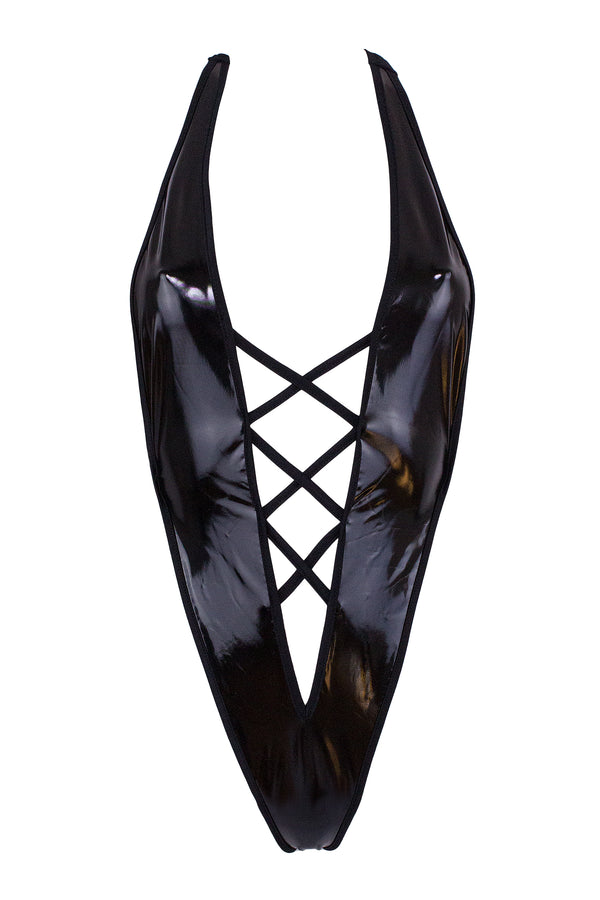 Vinyl V Plunge Bodysuit /  BLACK