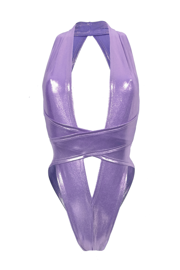 CRISS CROSS Hologram Bondage Bodysuit / RAVE Bodysuit / LILAC - EXES LINGERIE