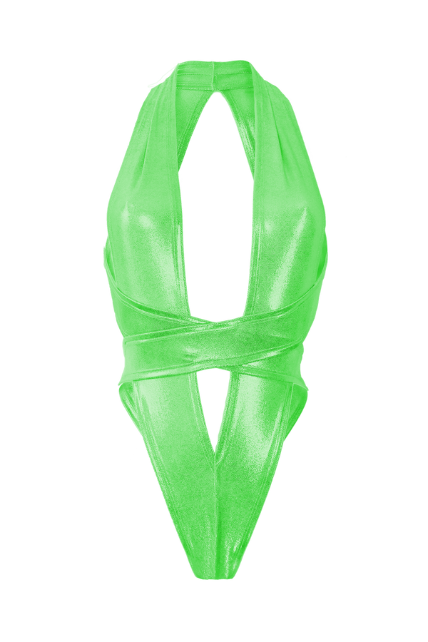 CRISS CROSS Hologram Bondage Bodysuit / RAVE Bodysuit / NEON LIME