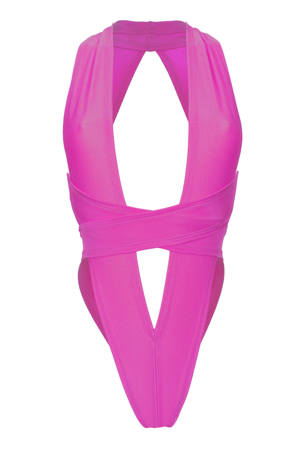 CRISS CROSS Bondage High-Cut Bodysuit / Festival Bodysuit / NEON PINK)