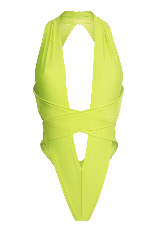 CRISS CROSS Bondage High-Cut Bodysuit / Festival Bodysuit /NEON YELLOW