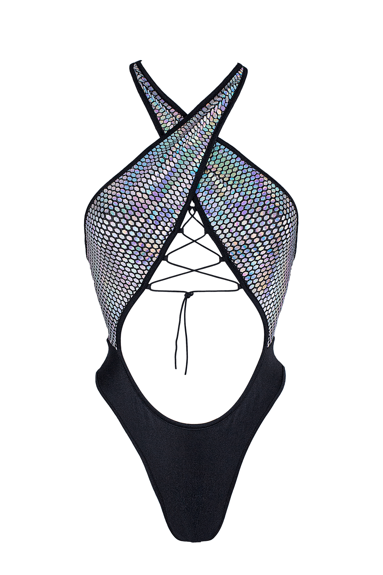 Criss-Cross Halter  Holographic One Piece / ANASTASIA PRISMA BODYSUIT - EXES LINGERIE