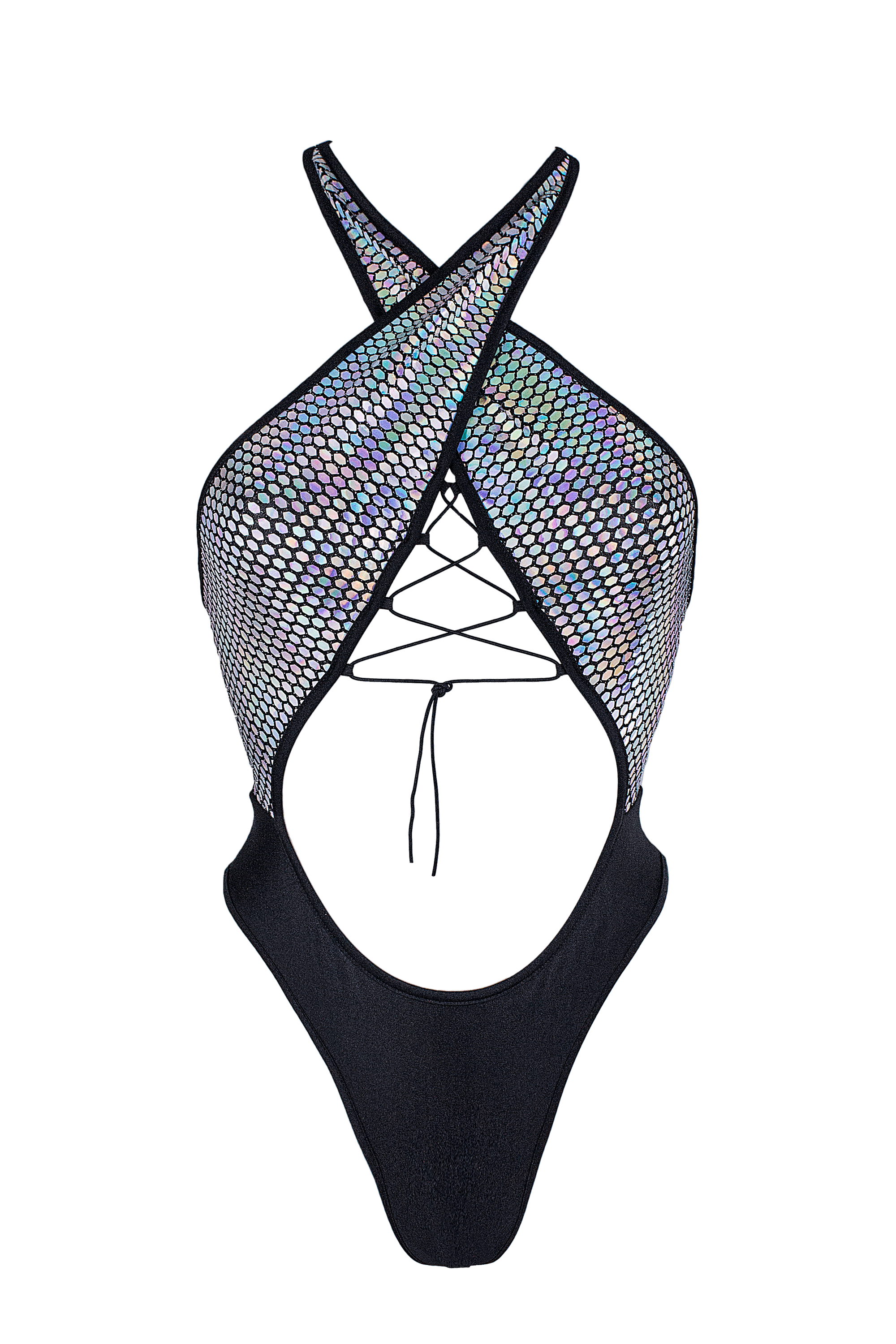 Criss-Cross Halter  Holographic One Piece / ANASTASIA PRISMA BODYSUIT - EXES LINGERIE