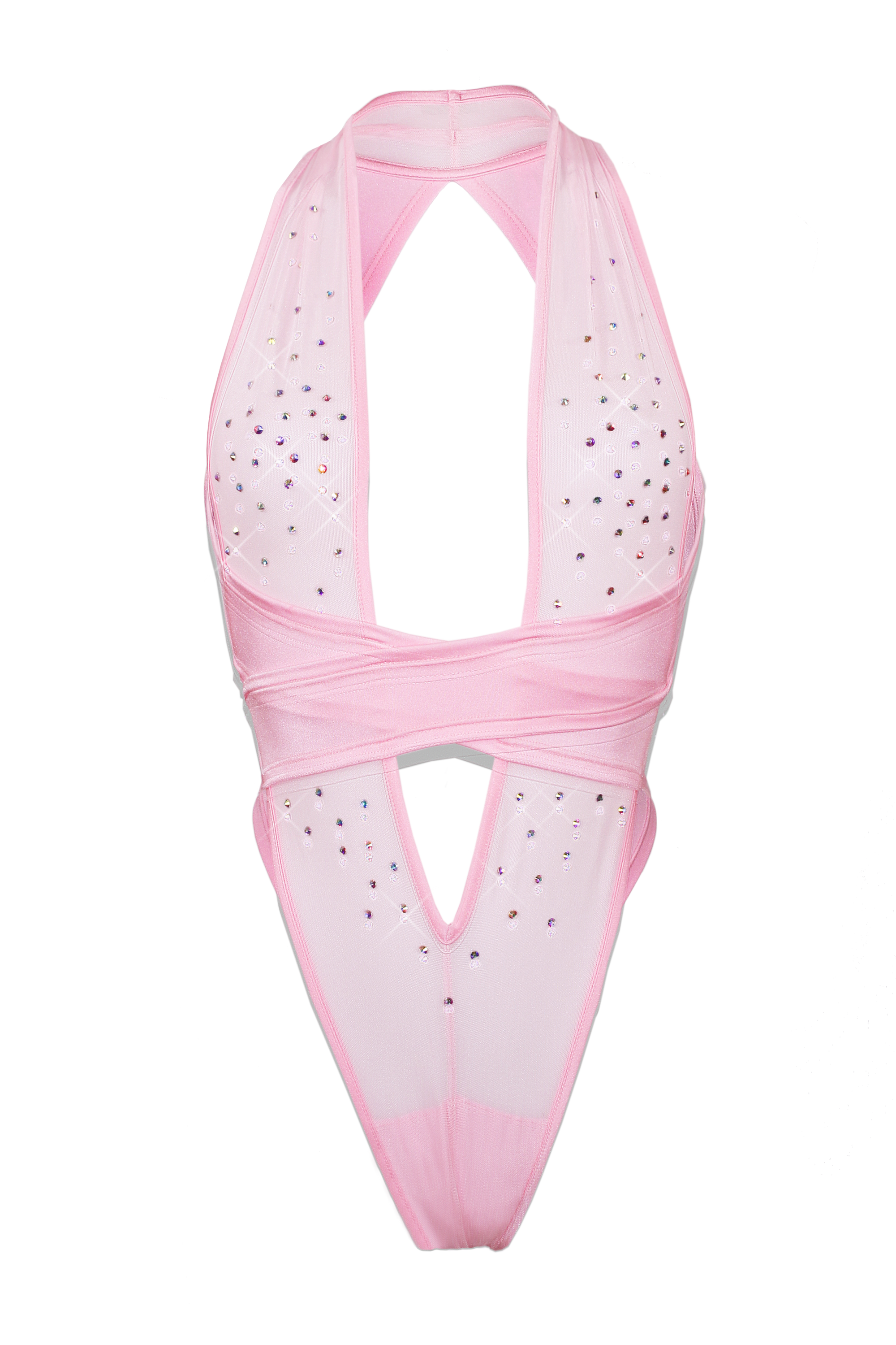 CRISS CROSS Mesh Crystals Bodysuit / Sexy lingerie / BABY PINK