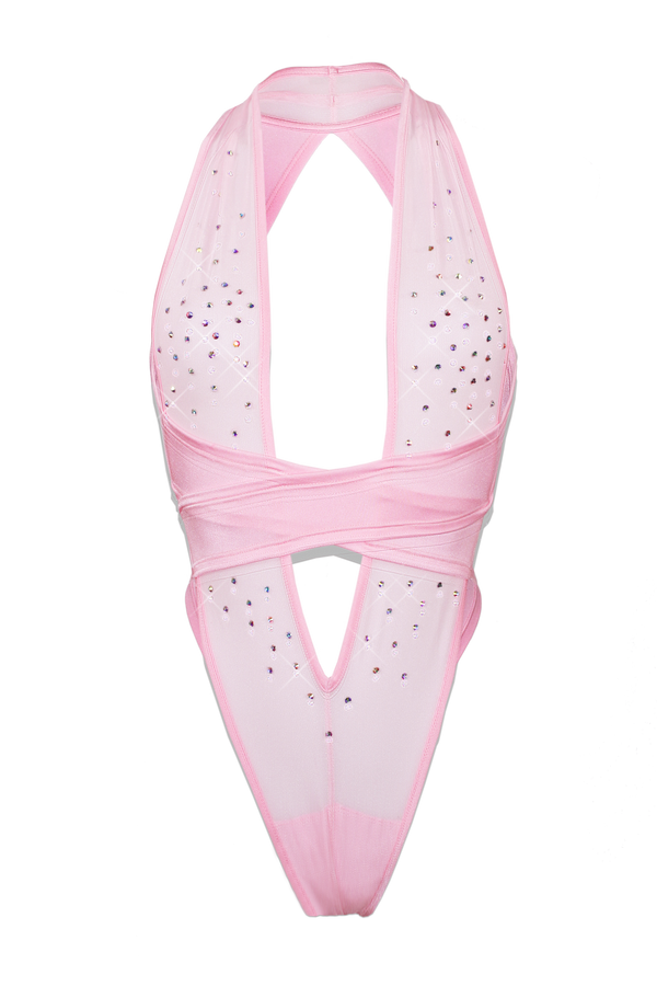 CRISS CROSS Mesh Crystals Bodysuit / Sexy lingerie / BABY PINK