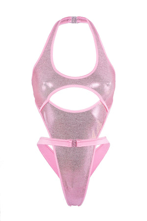 Cut-out front Wrap tie holographic bodysuit/ NINA BABY PINK HOLO
