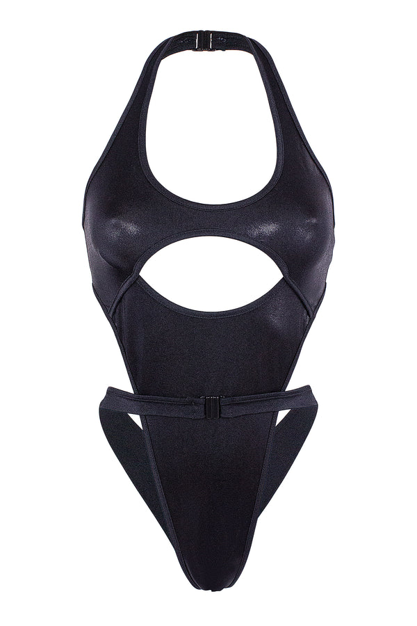 Cut-out front Wrap tie holographic bodysuit/ NINA BLACK HOLO