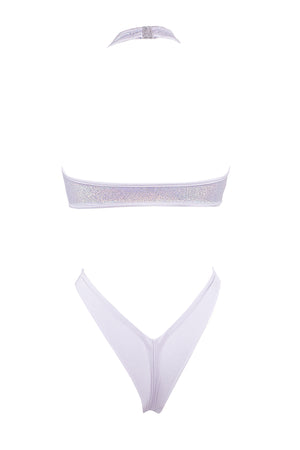 Cut-out front Wrap tie holographic bodysuit/ NINA WHITE HOLO