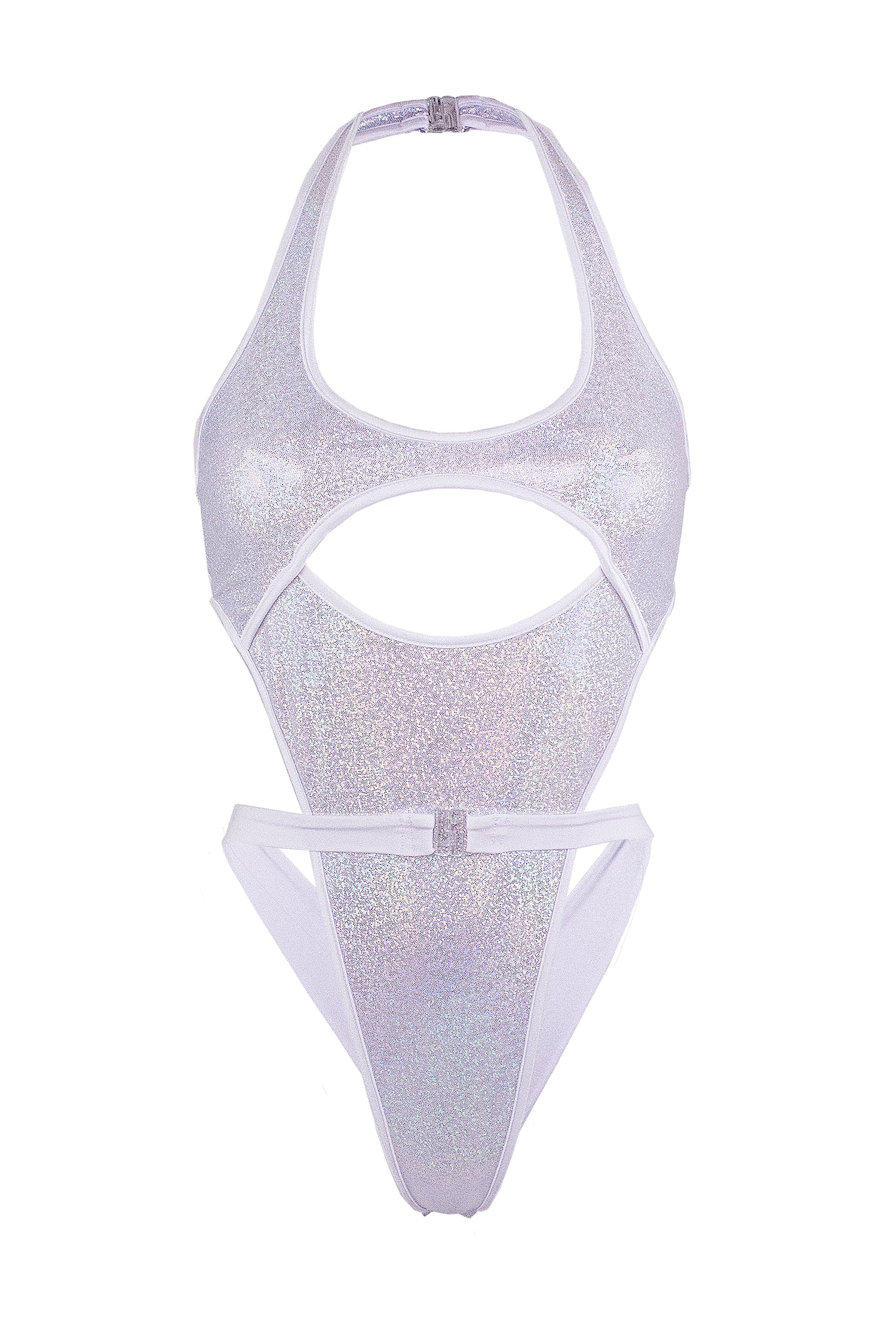 Cut-out front Wrap tie holographic bodysuit/ NINA WHITE HOLO