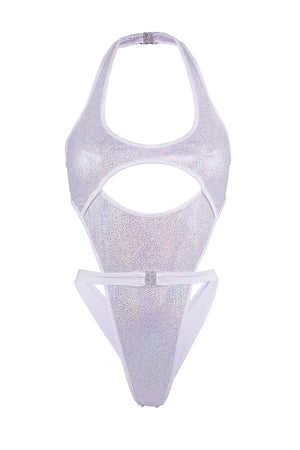 Cut-out front Wrap tie holographic bodysuit/ NINA WHITE HOLO