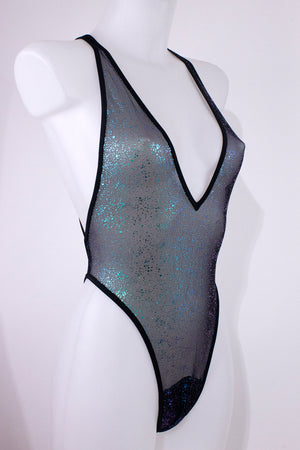 High Cut sheer Holographique Mesh Bodysuit SKINNY / Sexy Lingerie  / BLACK