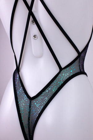 High Cut sheer Holographique Mesh Bodysuit SKINNY / Sexy Lingerie  / BLACK