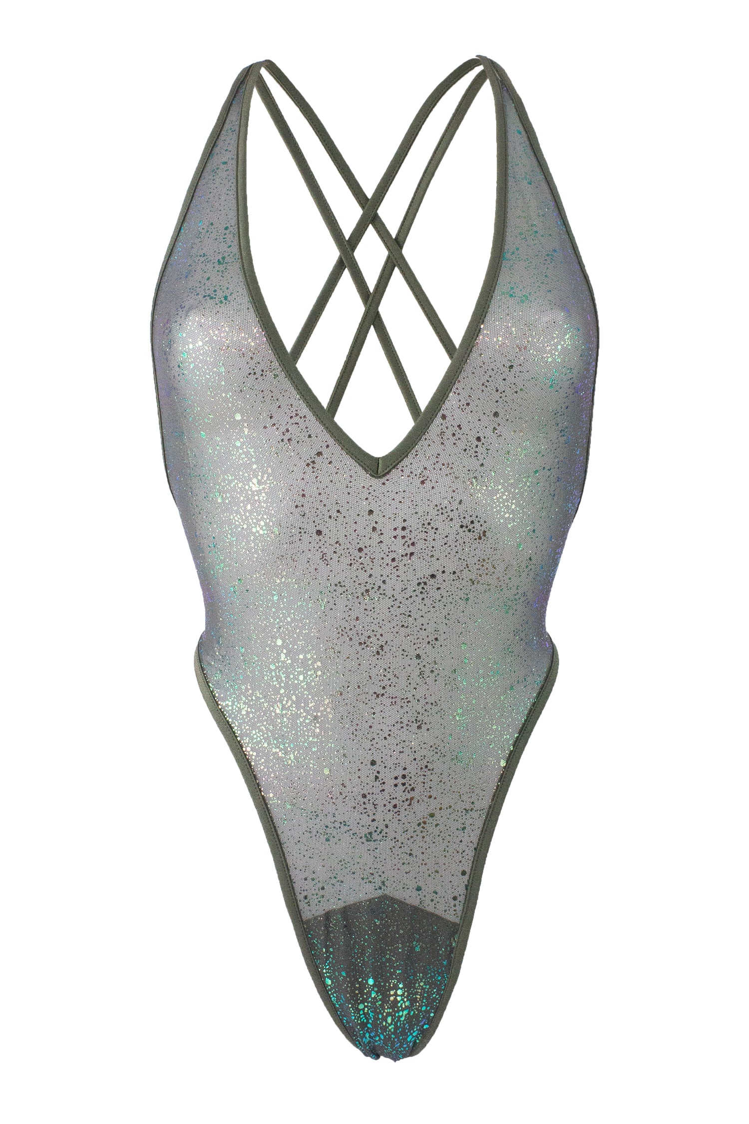 High Cut sheer Holographique Mesh Bodysuit SKINNY / Sexy Lingerie  / KHAKI,BODYSUITS - EXES LINGERIE