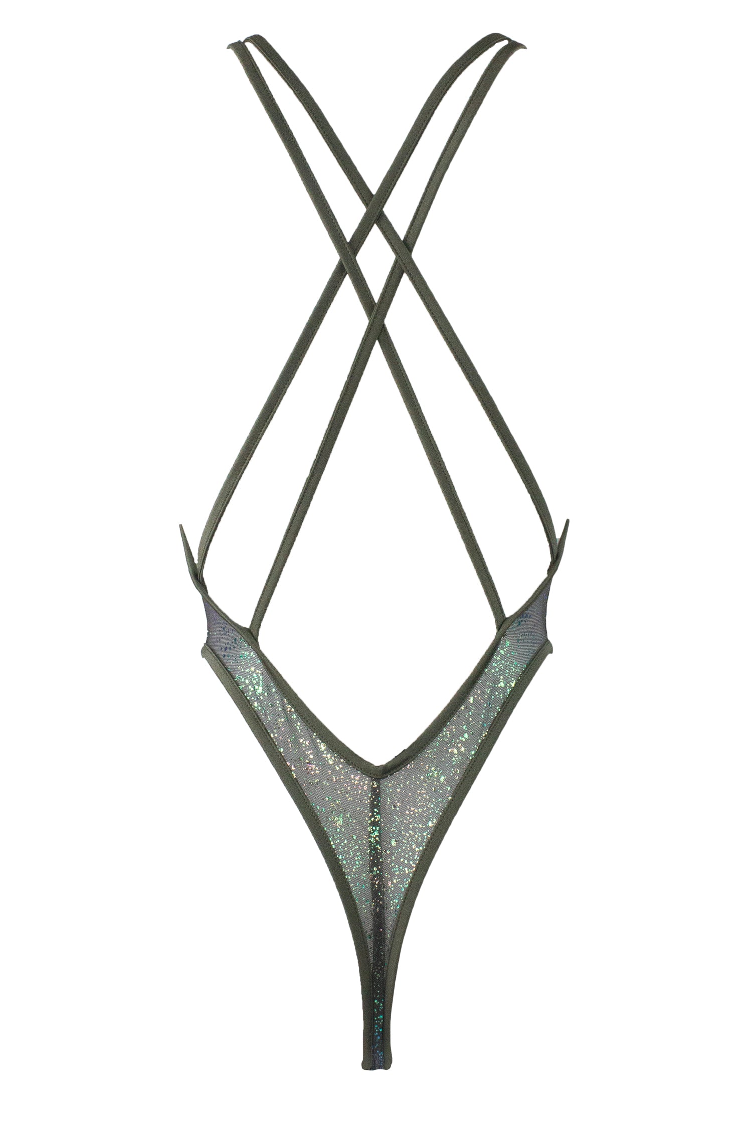 High Cut sheer Holographique Mesh Bodysuit SKINNY / Sexy Lingerie  / KHAKI,BODYSUITS - EXES LINGERIE