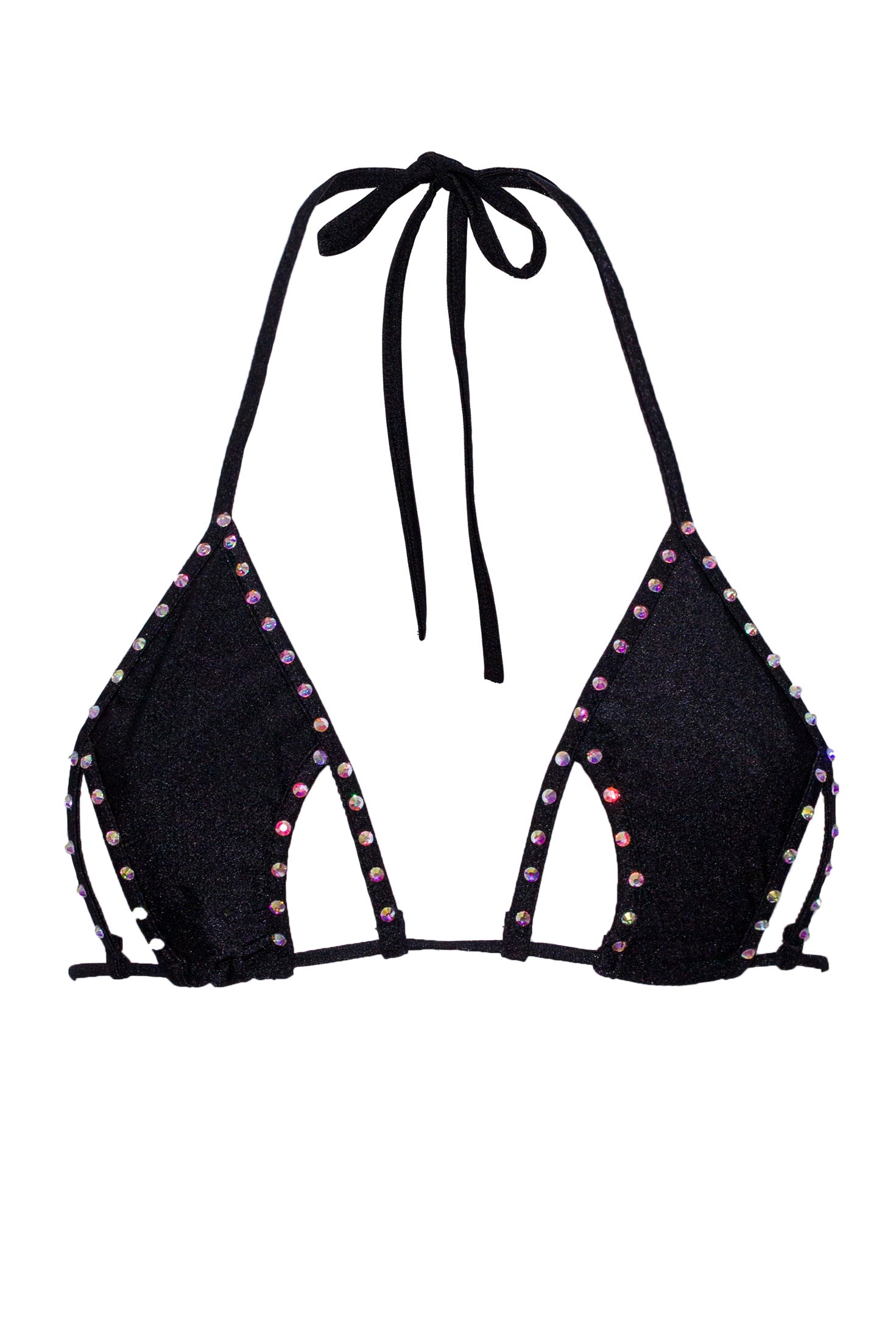 Cut-out Triangle Bikini Top with Rhinestones / Cut-Out Crystals Black