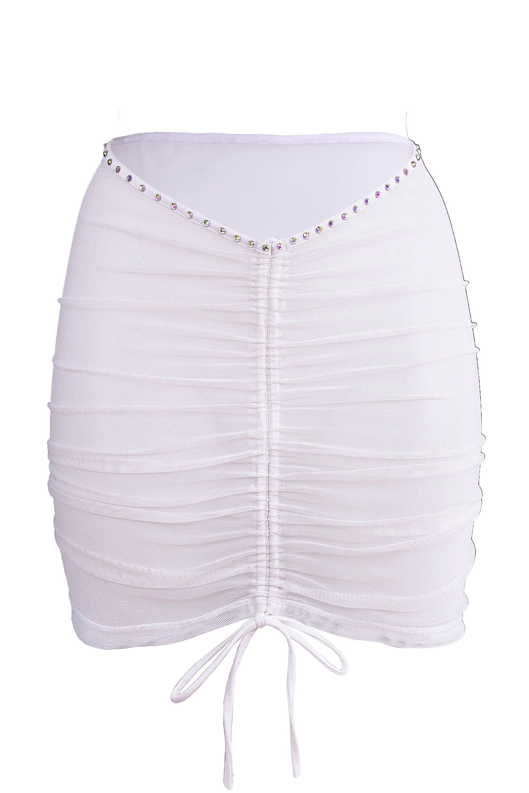 Rhinestones Mesh Skirt Cover-up / Drawstring front Ruched Skirt / Crystals RUCHED WHITE