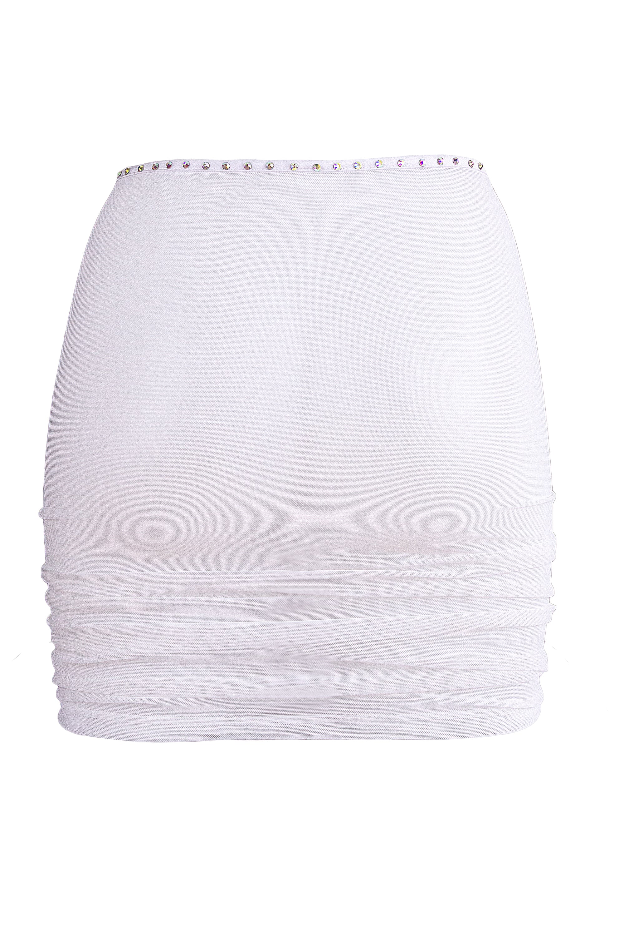 Rhinestones Mesh Skirt Cover-up / Drawstring front Ruched Skirt / Crystals RUCHED WHITE