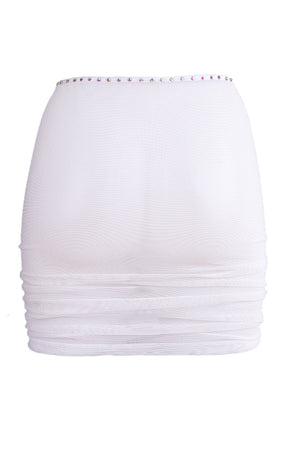 Rhinestones Mesh Skirt Cover-up / Drawstring front Ruched Skirt / Crystals RUCHED WHITE