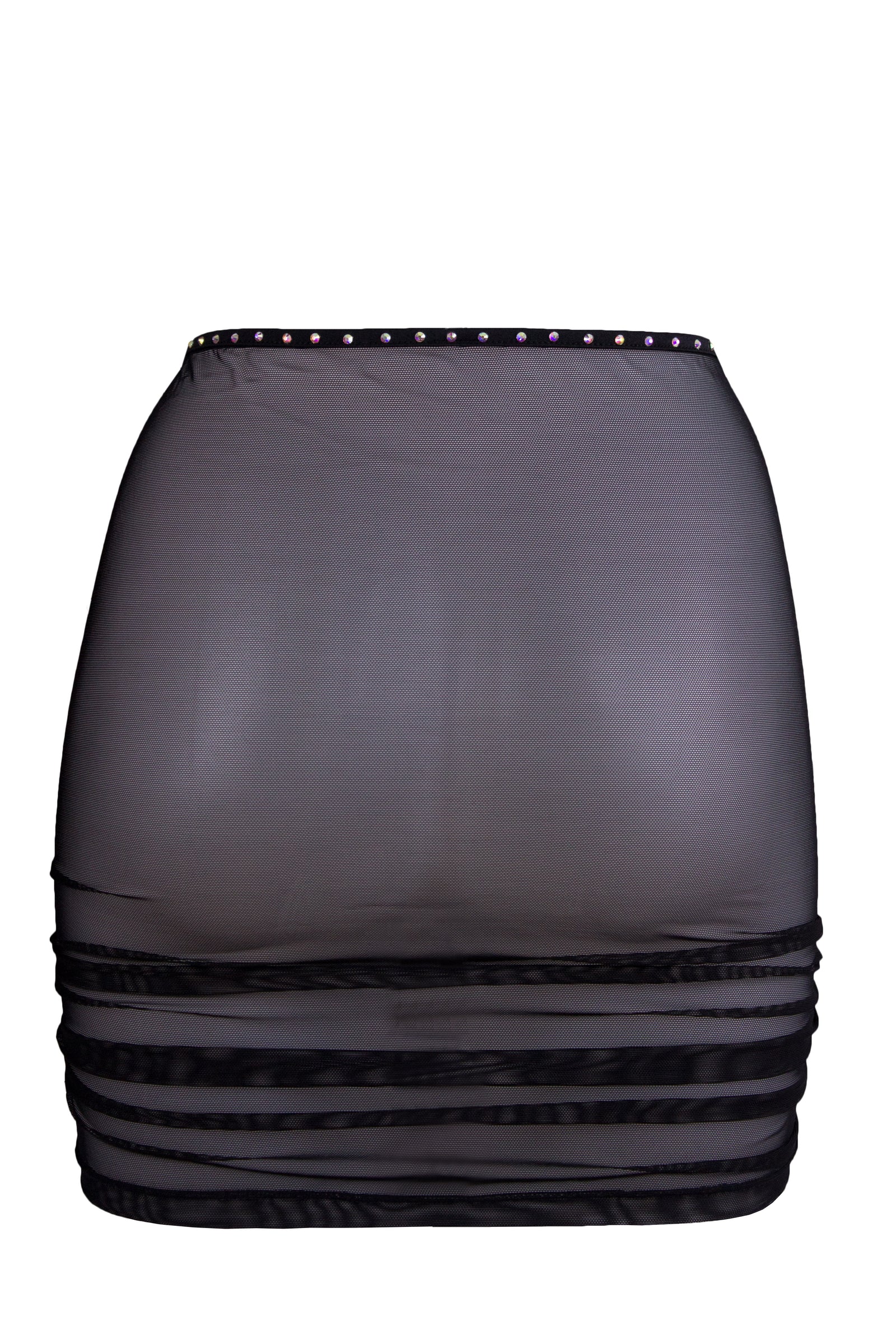 Rhinestone Mesh Skirt Cover-up / Drawstring Ruched Skirt / Crystals RUCHED BLACK,SKIRTS & PANTS - EXES LINGERIE
