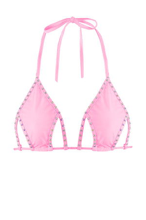 Cut-out Triangle Bikini Top with Rhinestones / Cut-Out Crystals BABY PINK