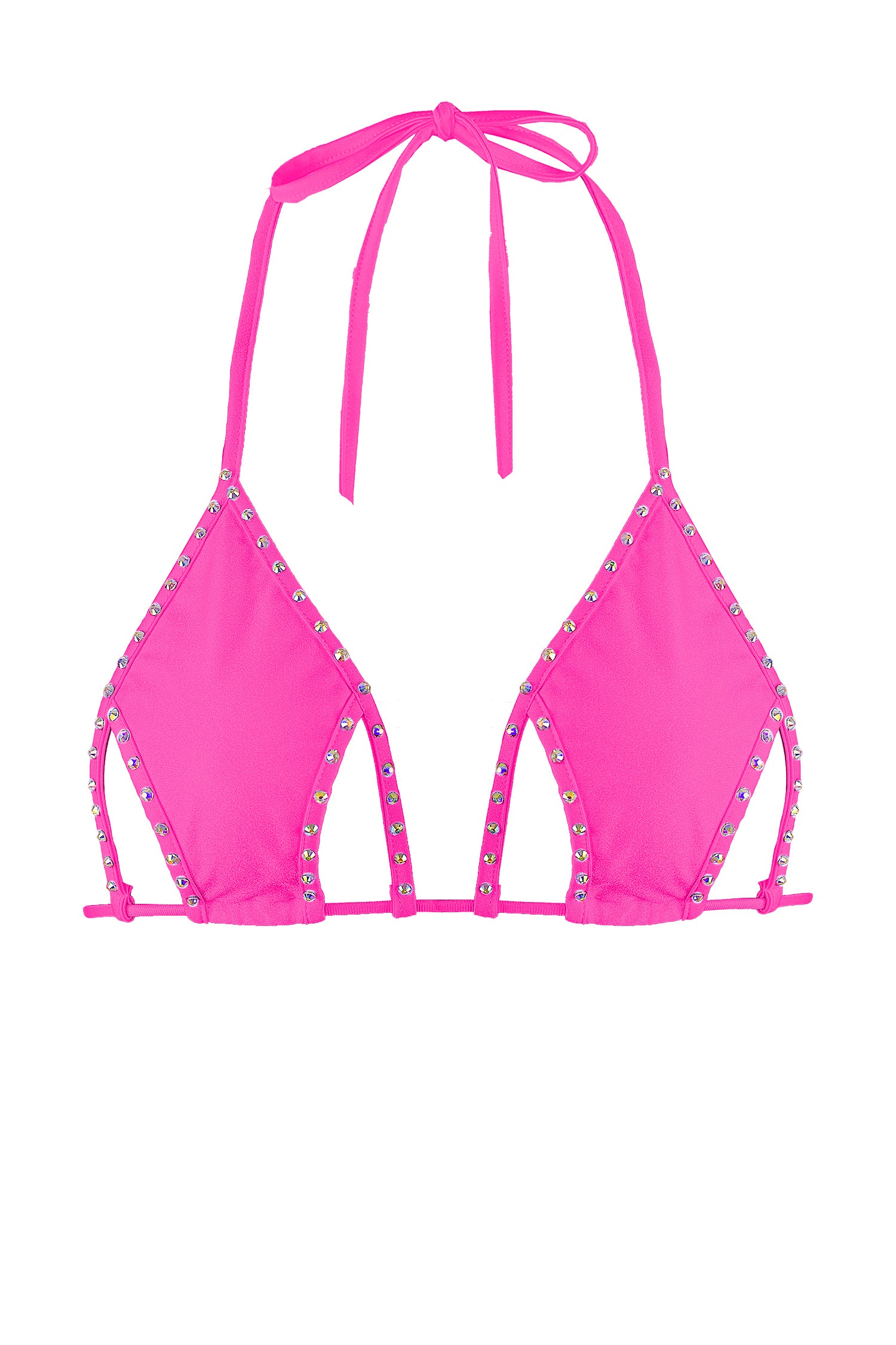 Cut-out Triangle Bikini Top with Rhinestones / Cut-Out Crystals NEON PINK