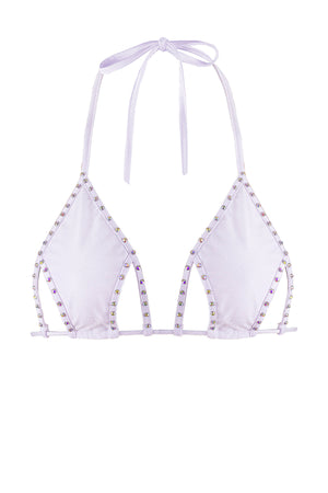 Cut-out Triangle Bikini Top with Rhinestones / Cut-Out Crystals WHITE