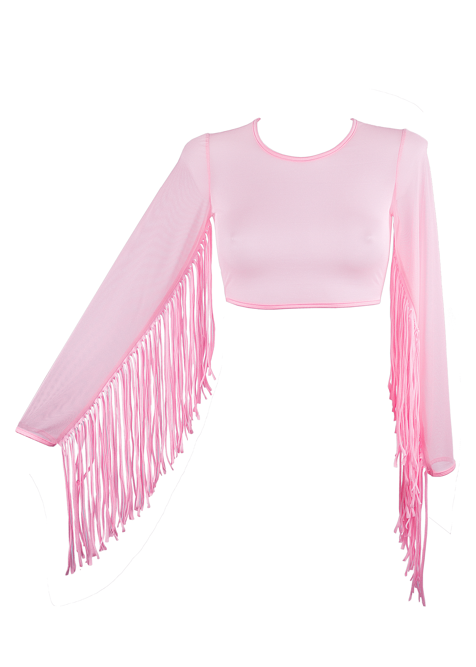 Crop Top Fringe Long Sleeve Mesh T-Shirt / Baby Pink Rave Top - EXES LINGERIE