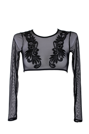 Crop T-Shirt Long Sleeve Stretch Mesh with Embroidered Applique / BLACK - EXES LINGERIE