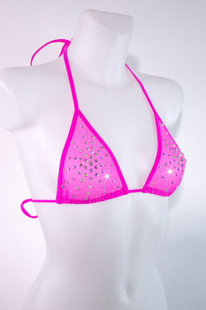 Rhinestones Triangle Bikini Top  / TOP ISA CRYSTALS NEON PINK