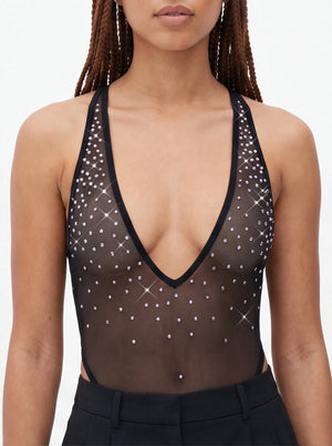 High Cut Bodysuit  SKINNY CRYSTALS  / Sexy Lingerie Sheer stretch Mesh/ BLACK,BODYSUITS - EXES LINGERIE