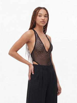 High Cut Bodysuit  SKINNY CRYSTALS  / Sexy Lingerie Sheer stretch Mesh/ BLACK,BODYSUITS - EXES LINGERIE